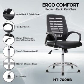 Chaise de bureau HT-7008B - Avec accoudoirs - Dossier en maille - Siège en tissu - Base en acier chromé – Image 8
