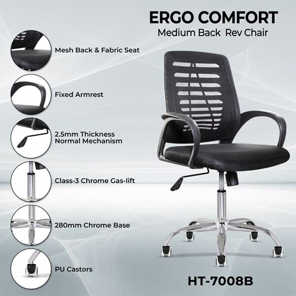 Chaise de bureau HT-7008B - Avec accoudoirs - Dossier en maille - Siège en tissu - Base en acier chromé Chaise de bureau HT-7008B - Avec accoudoirs - Dossier en maille - Siège en tissu - Base en acier chromé