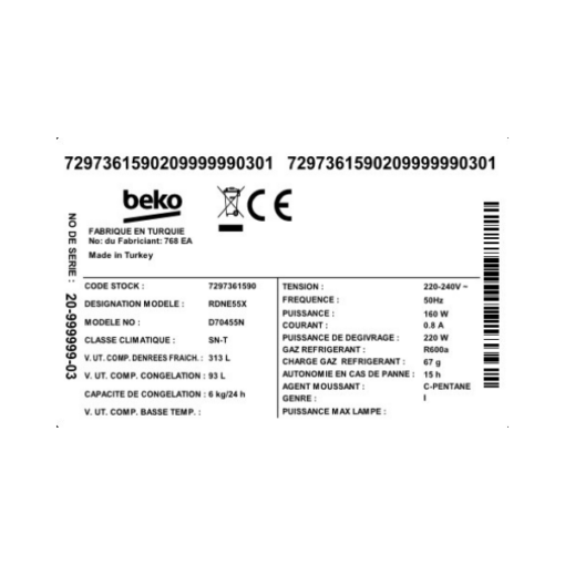 Réfrigérateur 2 portes Beko RDNE55X - 406L - (NoFrost) Réfrigérateur 2 portes Beko RDNE55X - 406L - (NoFrost)