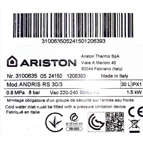 Chauffe-eau électrique Ariston 30RS - 30 litres Chauffe-eau électrique Ariston 30RS - 30 litres