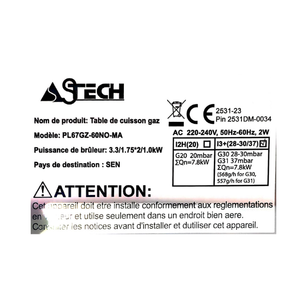 Plaque de cuisson à gaz Astech PL67GZ-60N0-MA 4 Feux Plaque de cuisson à gaz Astech PL67GZ-60N0-MA 4 Feux