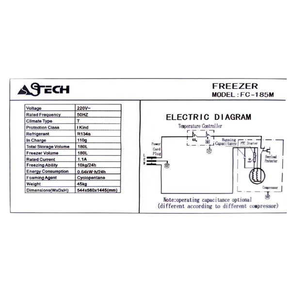 Congélateur vertical Astech FC-185M - 185L - 6T Congélateur vertical Astech FC-185M - 185L - 6T