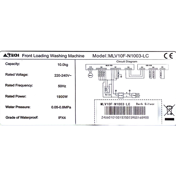 Machine à laver Astech MLV10F-M1003-LC - 10kg (Inverter) Machine à laver Astech MLV10F-M1003-LC - 10kg (Inverter)