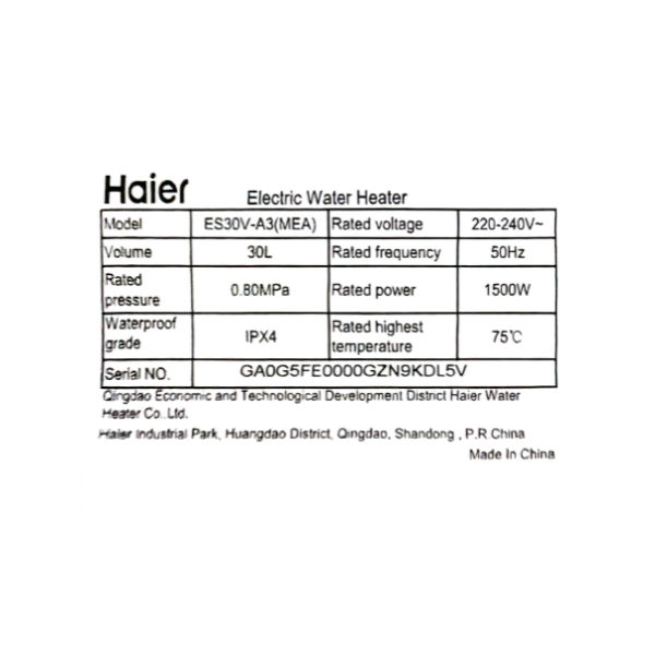 Chauffe-eau électrique Haier ES30V-A3 - 30 L Chauffe-eau électrique Haier ES30V-A3 - 30 L