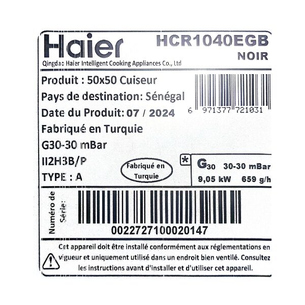 Cuisinière à gaz Haier HCR1040EGB 50x50 - 4 feux Cuisinière à gaz Haier HCR1040EGB 50x50 - 4 feux