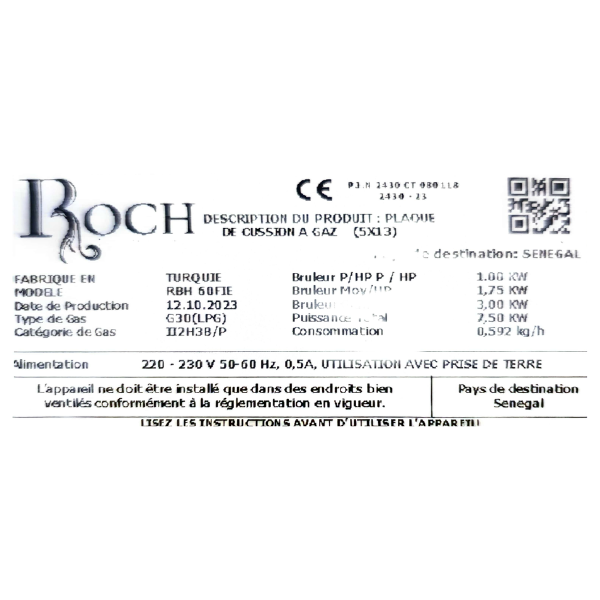 Plaque de cuisson à gaz Roch RBH60FIE -SHINY - 4 feux Plaque de cuisson à gaz Roch RBH60FIE -SHINY - 4 feux