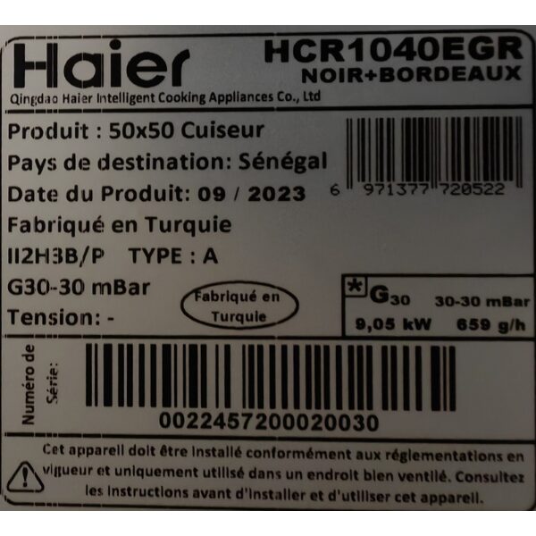 Cuisinière à gaz Haier HCR1040EGR 50x50 - 4 feux Cuisinière à gaz Haier HCR1040EGR 50x50 - 4 feux