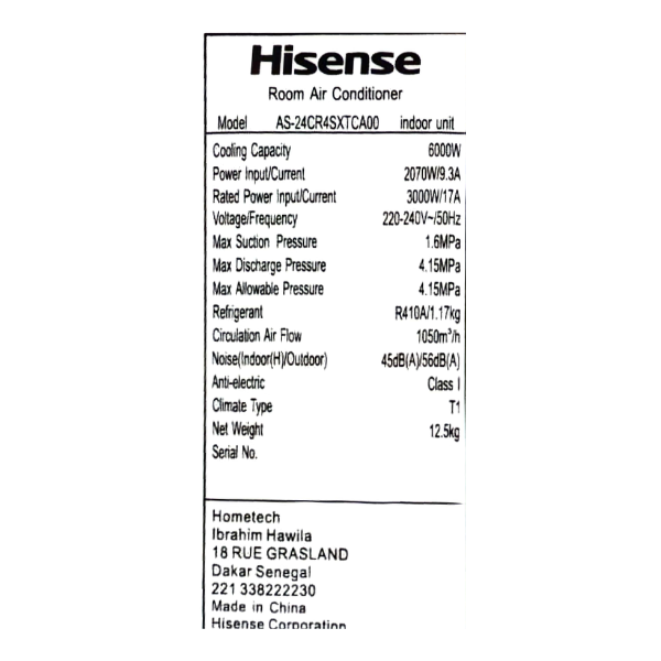 Split Hisense AS-24CR4 24000 BTU - R410A Split Hisense AS-24CR4 24000 BTU - R410A