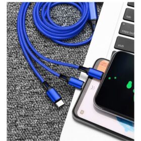 Câble USB Nylon 3-en-1 – iPhone, Android, Type-C, Bleu, Charge Rapide & Résistant – Image 3