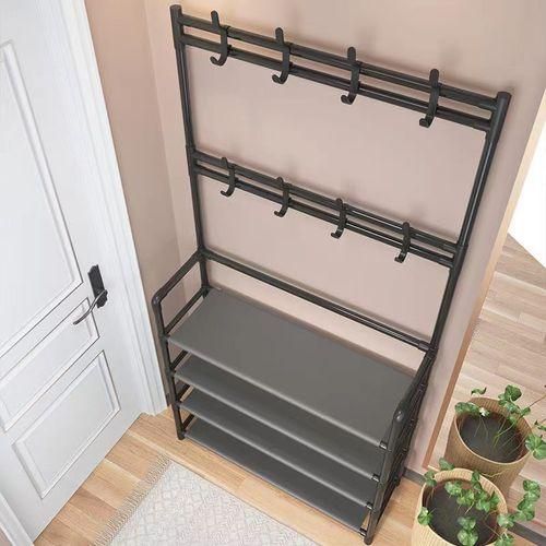 Porte-Chaussures Multifonction 4 Niveaux avec Porte-Vêtements et Crochets – 60x26x172 cm – DIY – Noir
