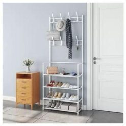 Porte-Chaussures Multifonction 4 Niveaux avec Porte-Vêtements et Crochets – 60x26x172 cm – DIY – Noir