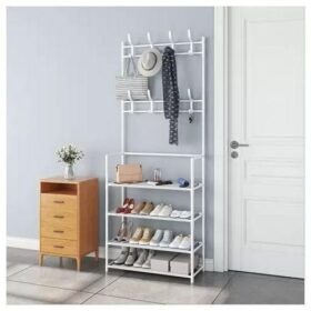 Porte-Chaussures Multifonction 4 Niveaux avec Porte-Vêtements et Crochets – 60x26x172 cm – DIY – Noir
