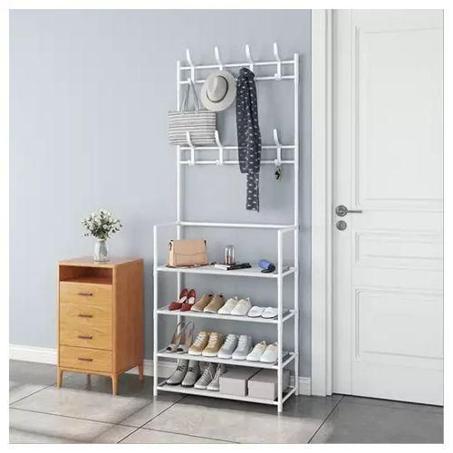 Porte-Chaussures Multifonction 4 Niveaux avec Porte-Vêtements et Crochets – 60x26x172 cm – DIY – Noir