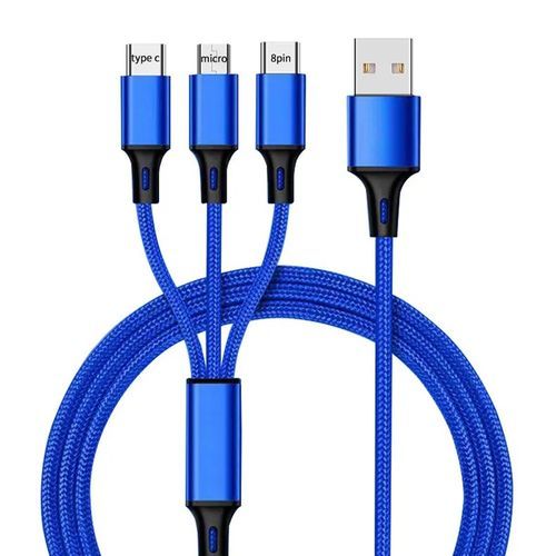 Câble USB Nylon 3-en-1 – iPhone, Android, Type-C, Bleu, Charge Rapide & Résistant Câble USB Nylon 3-en-1 – iPhone, Android, Type-C, Bleu, Charge Rapide & Résistant