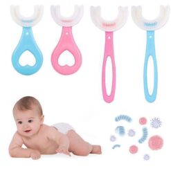 Lot de 2 Brosses à Dents Enfants Silicone Forme U - 2 à 12 Ans - Bleu/Rose