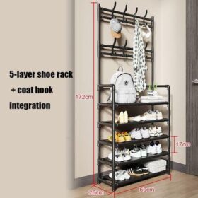 Porte-Chaussures Multifonction 4 Niveaux avec Porte-Vêtements et Crochets – 60x26x172 cm – DIY – Noir – Image 2
