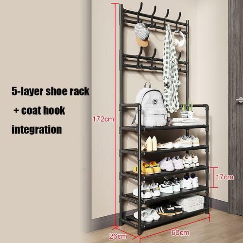 Porte-Chaussures Multifonction 4 Niveaux avec Porte-Vêtements et Crochets – 60x26x172 cm – DIY – Noir