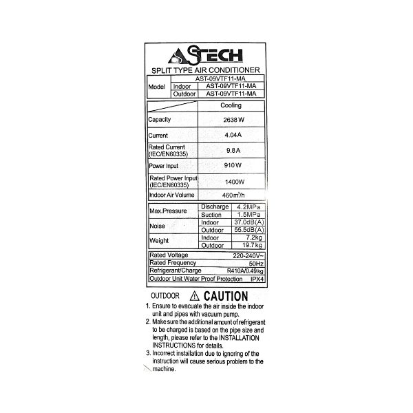 Split Astech 09VTF111 - 9000 BTU - (Inverter-Wifi) Split Astech 09VTF111 - 9000 BTU - (Inverter-Wifi)