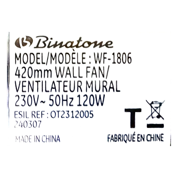 Ventilateur mural Binatone WF-1806 18'' Ventilateur mural Binatone WF-1806 18''