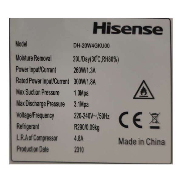 Déshumidificateur d'air Hisense -DH-20W4GKU-4.2L Déshumidificateur d'air Hisense -DH-20W4GKU-4.2L
