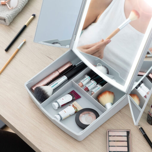 Miroir LED Pliable avec Organisateur de Maquillage 3-en-1 Panomir Miroir LED Pliable avec Organisateur de Maquillage 3-en-1 Panomir