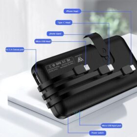 Power Bank 10000mAh Portable avec 3 Câbles Intégrés – Batterie Lithium-Polymère Noir