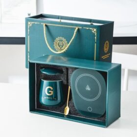 Set Tasse à Café avec Plaque Chauffante et Cuillère Dorée – Céramique Vert Élégant