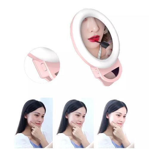 Selfie Ring Light avec Pince et Miroir Intégré – Éclairage LED USB pour Smartphone, Tablette, PC – Luminosité Réglable – Rose