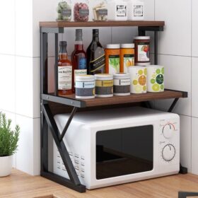 Étagère de Rangement Double Couche pour Micro-ondes – Bois & Métal – Structure Solide – 60 x 41 x 67,5 cm – Noir & Bois