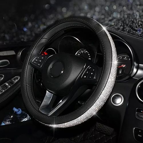 Housse de Volant en Strass Cristal Scintillant – Cuir Noir & Argent – 38cm – Élégance et Confort pour Voiture Housse de Volant en Strass Cristal Scintillant – Cuir Noir & Argent – 38cm – Élégance et Confort pour Voiture