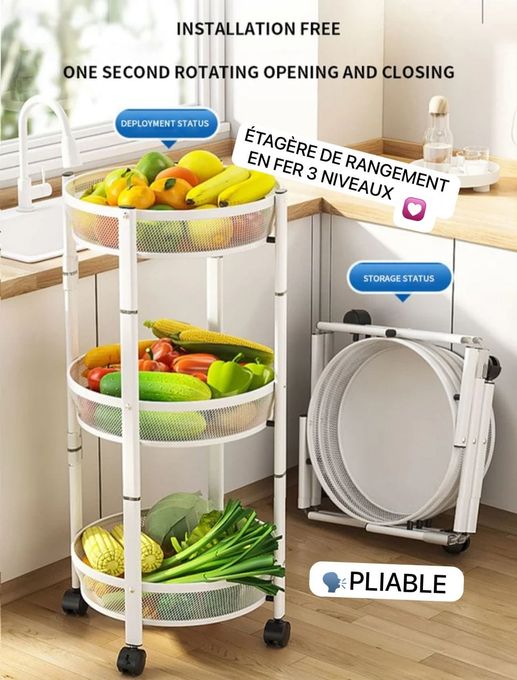 Chariot Utilitaire Roulant à 3 Niveaux – Métal Pliable – Roues 360° avec Freins – Sans Assemblage