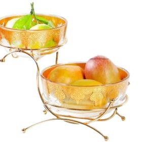 Présentoir à Fruits en Verre 2 Étages – Design Doré Élégant – Mini Format