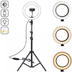 Ring Light LED 10" Professionnel avec Trépied Réglable 2,1m + Support Téléphone & Télécommande – 3 Modes Lumière