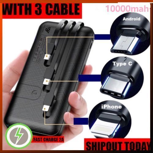 Power Bank 10000mAh Portable avec 3 Câbles Intégrés – Batterie Lithium-Polymère Noir Power Bank 10000mAh Portable avec 3 Câbles Intégrés – Batterie Lithium-Polymère Noir