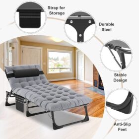Chaise longue extérieure pliable rembourrée – 5 positions réglables – Portable et robuste – Idéale jardin, piscine, camping, terrasse, plage – Image 8