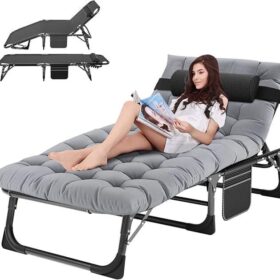 Chaise longue extérieure pliable rembourrée – 5 positions réglables – Portable et robuste – Idéale jardin, piscine, camping, terrasse, plage