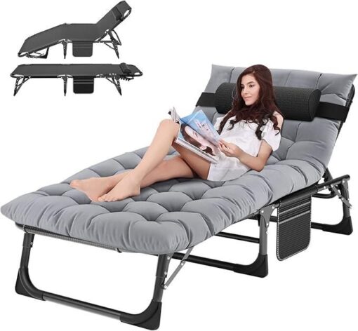 Chaise longue extérieure pliable rembourrée – 5 positions réglables – Portable et robuste – Idéale jardin, piscine, camping, terrasse, plage