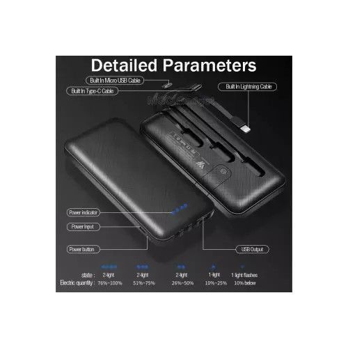 Power Bank 10000mAh Portable avec 3 Câbles Intégrés – Batterie Lithium-Polymère Noir Power Bank 10000mAh Portable avec 3 Câbles Intégrés – Batterie Lithium-Polymère Noir
