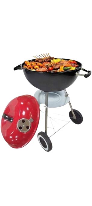 Barbecue à Charbon 17" avec Grille Chromée – Rouge & Noir – Portable avec Roues