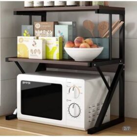Étagère de Rangement Double Couche pour Micro-ondes – Bois & Métal – Structure Solide – 60 x 41 x 67,5 cm – Noir & Bois – Image 2