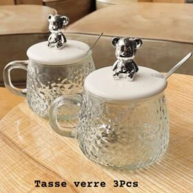 Lot de 3 tasses en verre ours avec couvercle et cuillère – Tasse à café thermique – Poignée marteau – 400ml