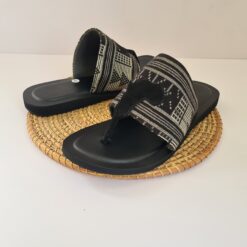 Sandales Homme Beige & Noir – Cuir et Pagne Tissé- Taille 45