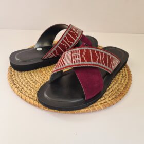 Sandales Homme en Cuir Rouge et Pagne Tissé – Taille 43
