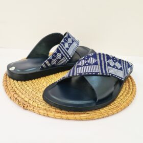 Sandale homme bleu cuir et pagne tisser 44