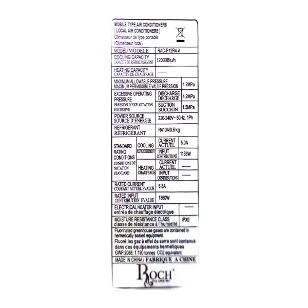 Climatiseur mobile Roch RAC-P12R4-A - 12000 BTU Climatiseur mobile Roch RAC-P12R4-A - 12000 BTU