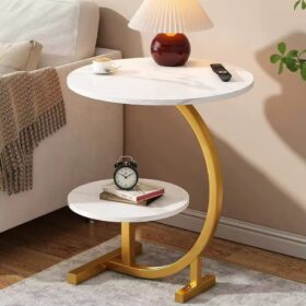 Petite table d'appoint en forme de C à 2 niveaux, en marbre texturé, design floral, pour salon, chambre, cuisine ou jardi