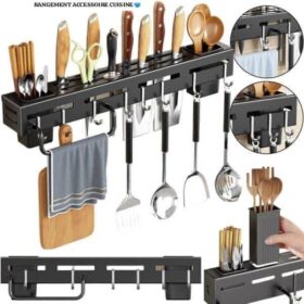 Étagère de Rangement Murale de Cuisine – Égouttoir à Cuillères et Baguettes – Acier Inoxydable Noir