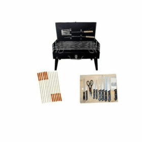 Barbecue au Charbon de Bois Portable + 12 Brochettes & Plateau Couteaux