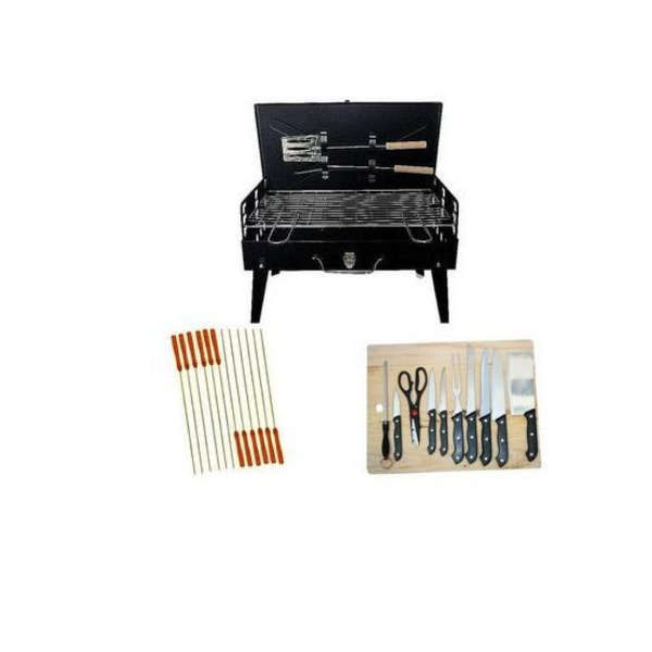 Barbecue au Charbon de Bois Portable + 12 Brochettes & Plateau Couteaux Barbecue au Charbon de Bois Portable + 12 Brochettes & Plateau Couteaux