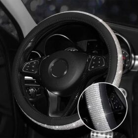Housse de Volant en Strass Cristal Scintillant – Cuir Noir & Argent – 38cm – Élégance et Confort pour Voiture